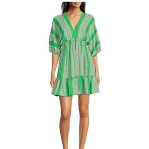 Taylor Elbow Sleeve V-Neck Smocked Waist Stripe Print Dress in green